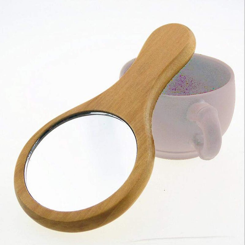 lasenersm 1 Piece Mini Portable Wood Makeup Mirror Handmade Portable Handle Round Cosmetic Mirror with Single Handle Personal Vanity Cosmetic Wooden Handheld Mirror, 7.1x 13.5cm - Image 2